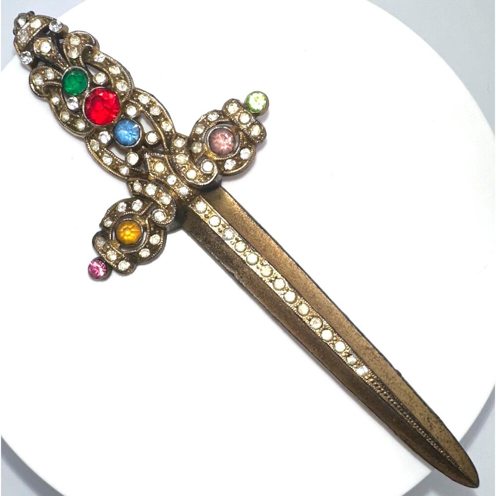 Antique vintage massive 5” gold tone multicolor rhinestones sword dagger brooch - Picture 5 of 7